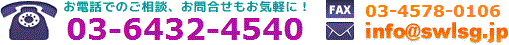 電話：03-6432-4540  FAX：03-4578-0106  メール：info@swlsg.jp